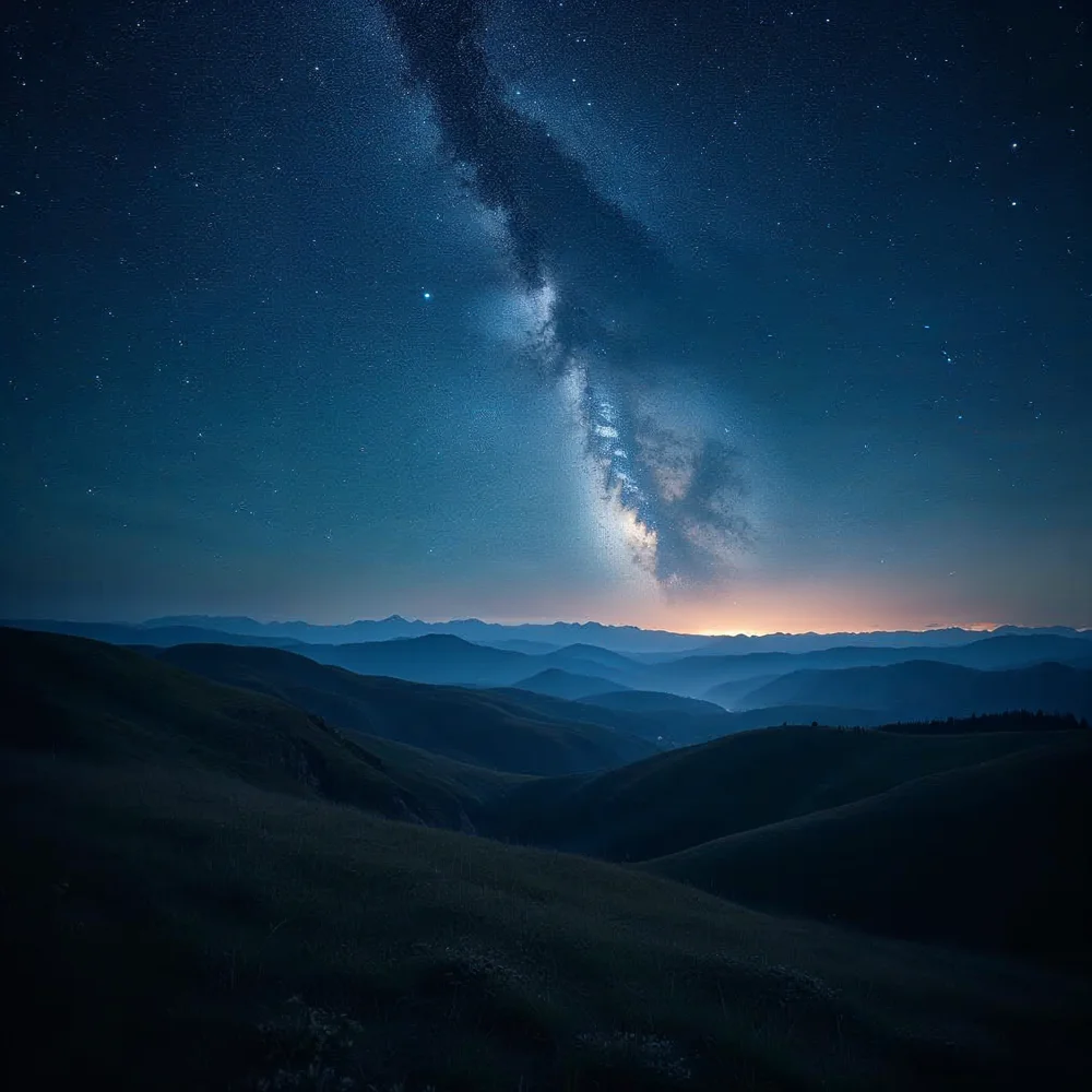 Stars above a peaceful mountain landscape