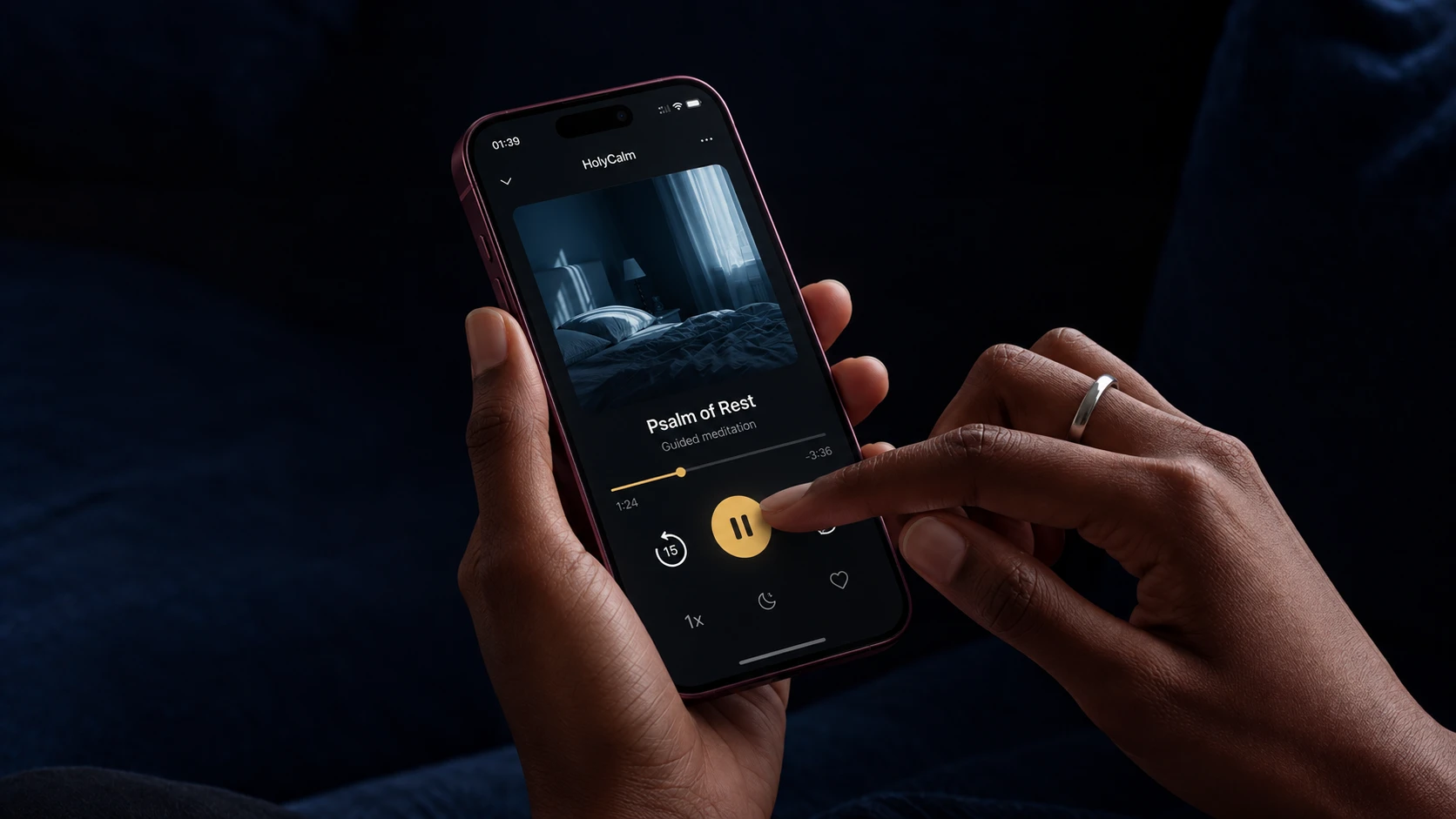 Hands using the HolyCalm Psalm of Rest player on a burgundy phone