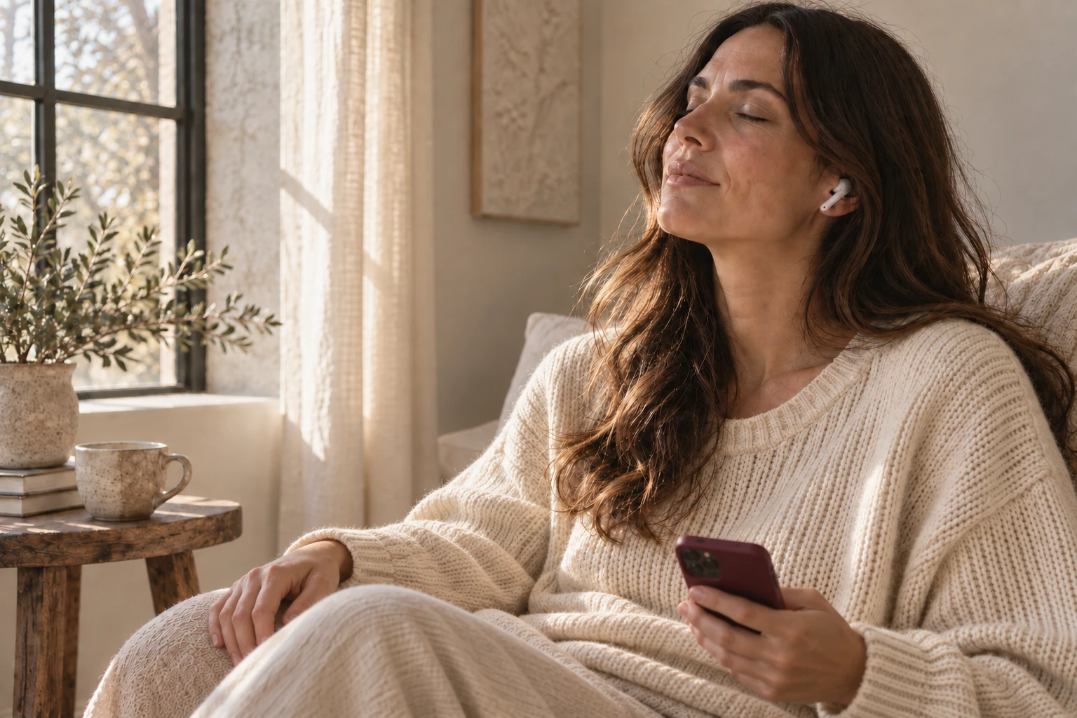 A woman listening with earbuds and holding a burgundy phone with the screen facing her