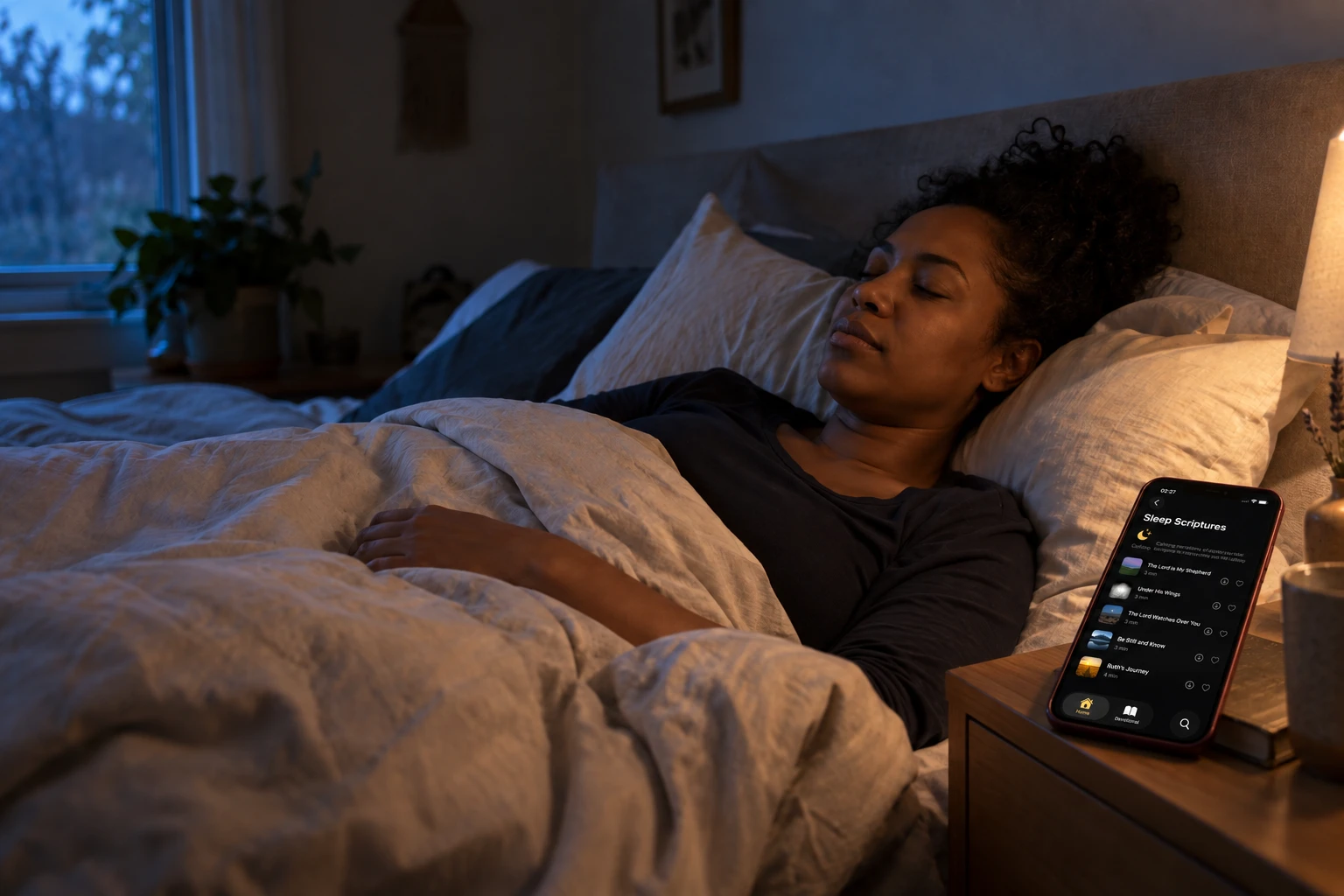 A woman resting with the HolyCalm Sleep Scriptures screen on her bedside phone